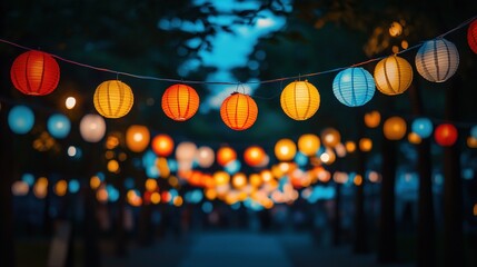 Colorful hanging lanterns glowing beautifully in an evening outdoor festival setting