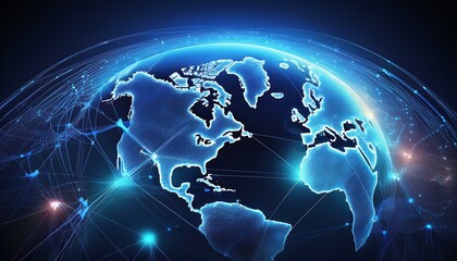Global network concept with continents linked by lines, ambient blue light, representing a worldwide internet connection