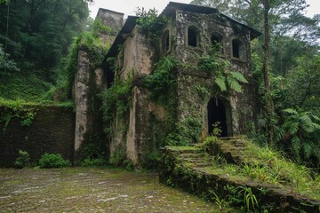 Obraz premium Abandoned stone building in ecuador reclaimed by lush vegetation, creating creepy atmosphere in rainforest. Weathered exterior tells history of industrial decay in south american jungle