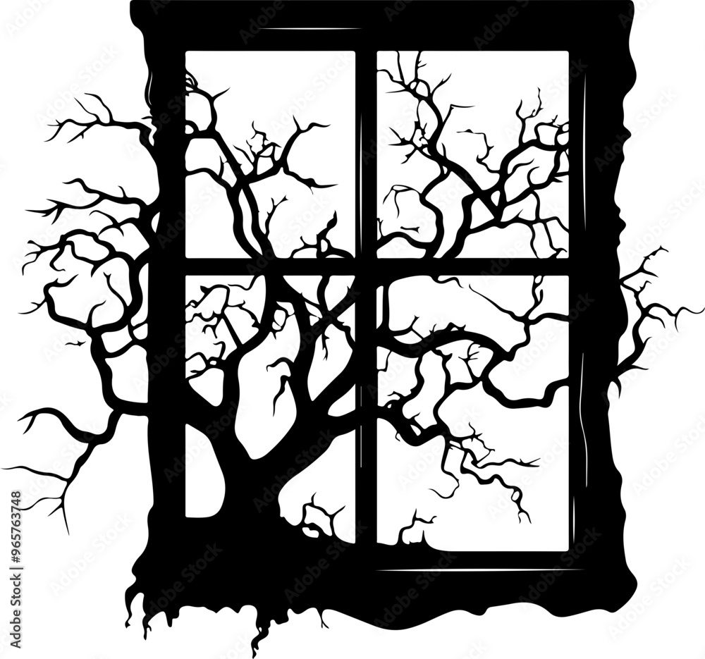 Wall mural silhouette of tree through abstract window design