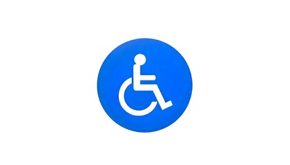 Blue wheelchair accessibility sign on a white background