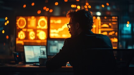 Obraz premium Financial analyst working late using multiple computer monitors showing charts