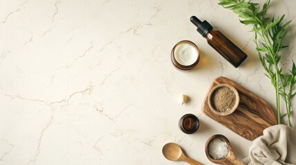 Top view photo for advertising use of cream, body lotion, watery products, serums in bottles containing natural ingredients and decorated around with natural ingredients and flowers.