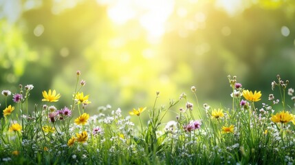 Fototapeta premium Vibrant wildflowers bloom in a sunlit meadow, featuring red, orange, blue, and purple flowers in soft focus, creating a colorful, dreamy atmosphere.