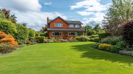 Beautiful suburban house with a red brick exterior and well-maintained front yard featuring colorful flowers, green shrubs, and a curved stone pathway.