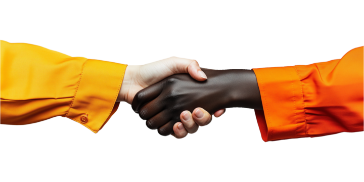 two people shaking hands, one person has a darker skin tone, and the other has a lighter skin tone, a symbol of unity or agreement, isolated on a transparent or white background, cut-out, PNG