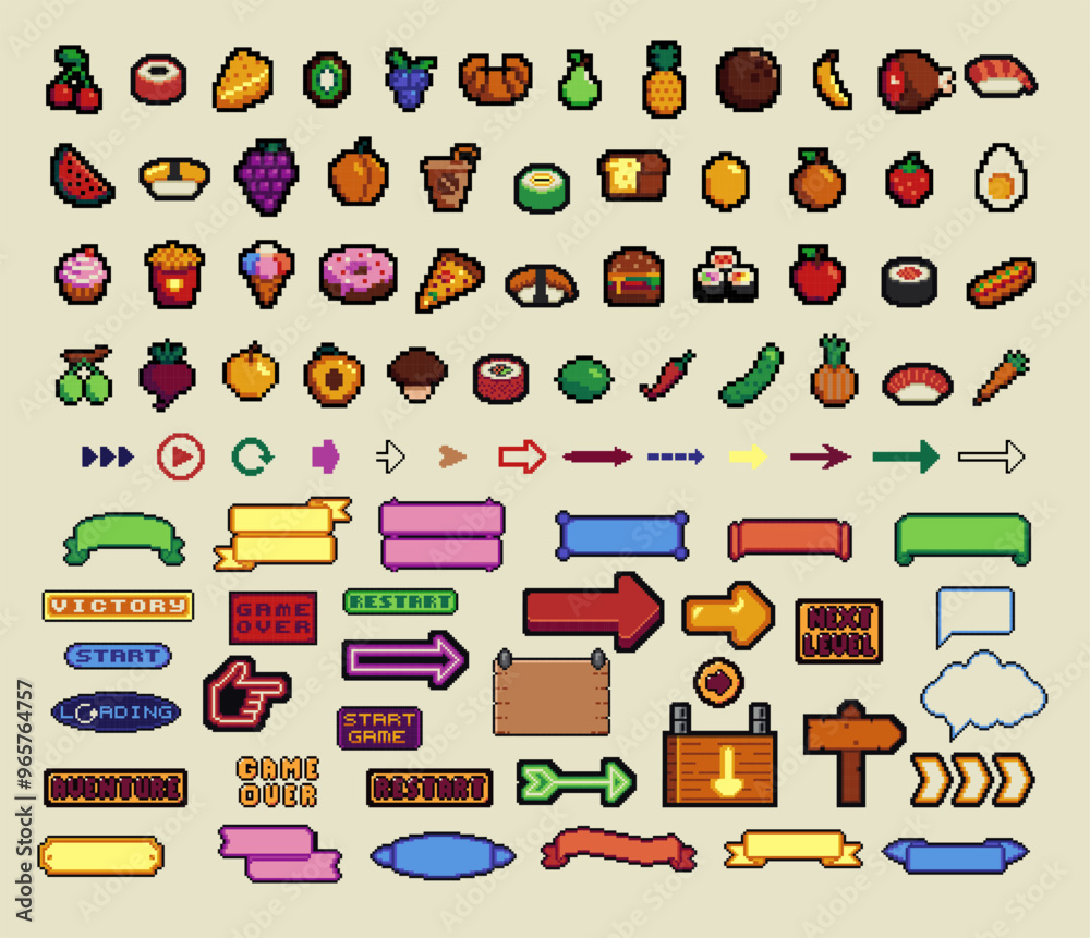 Poster pixel art frames. retro 8 bit buttons, arrows, speech bubble messages, food and quote frame. game ui