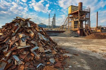 Fototapeta premium Large pile of scrap metal awaiting recycling at an industrial plant, demonstrating the circular economy