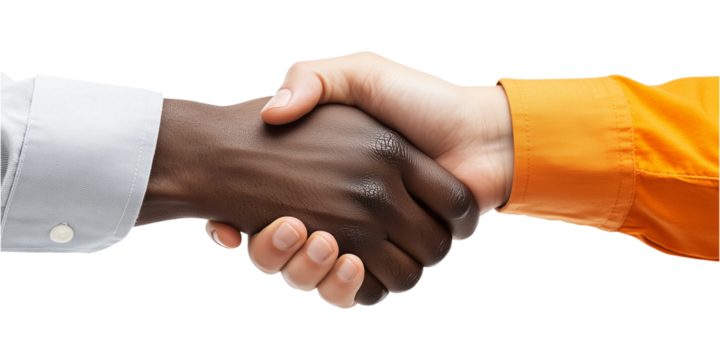 two people shaking hands, one person has a darker skin tone, and the other has a lighter skin tone, a symbol of unity or agreement, isolated on a transparent or white background, cut-out, PNG