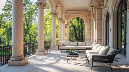 Fototapeta premium Elegant and Classic Style Terrace with Ornate Columns Lush Outdoor Seating and Ample Copy Space for Design or Editorial Use