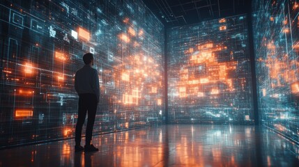 Businessman analyzing digital data flow in immersive cyberspace
