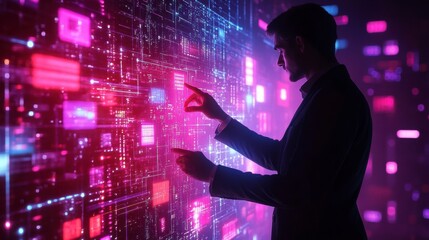 Businessman interacting with digital data wall visualization