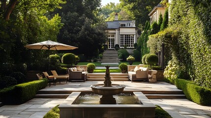 Fototapeta premium Elegant Classic Style Terrace with Stone Fountain and Timeless Outdoor Seating Inviting Moments of Relaxation and Tranquility in a Peaceful Natural Setting