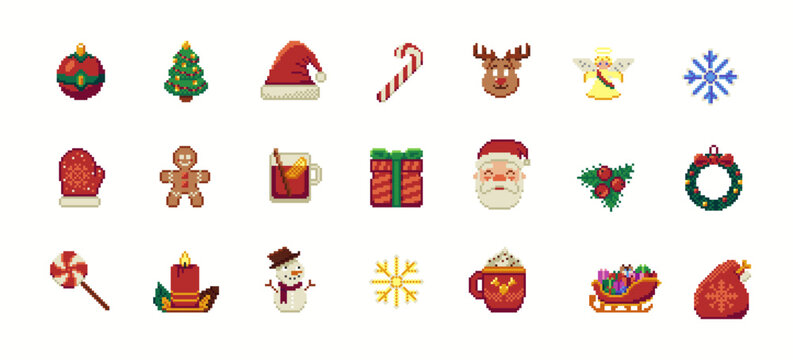 Vintage 8 bit Merry Christmas icon set. Festive Xmas symbols in pixel art. Happy New Year collection in retro video game style.