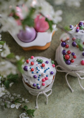 Top view of Easter cakes and painted Easter eggs