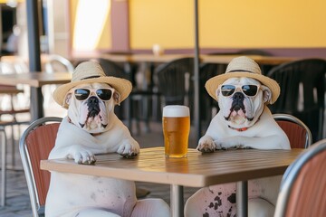 Two funny dogs relaxing on a tropical beach with a cold beer, generated by stock