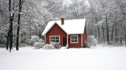 A charming red cottage stands alone in a winter wonderland, covered in a thick blanket of snow, offering a delightful and festive Christmas spirit