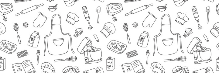 Seamless pattern of baking accessories. Kitchen utensils in doodle style. Vector. Vector illustration