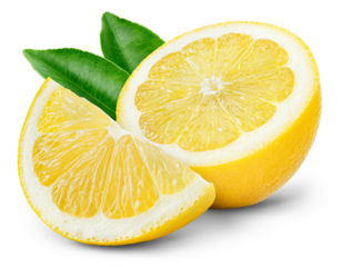 Lemon half and slice with leaf isolated png. Cut lemon with leaves on transparent background. PNG format. Lemon no background. Full depth of field.