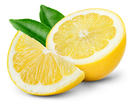 Lemon half and slice with leaf isolated png. Cut lemon with leaves on transparent background. PNG format. Lemon no background. Full depth of field.