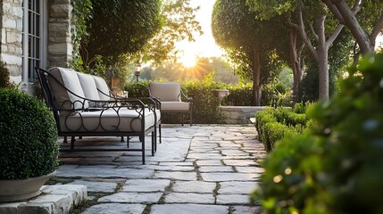Obraz premium Breathtaking classic style terrace featuring a stone pathway plush outdoor furniture and a serene inviting atmosphere the perfect retreat for relaxation and enjoyment
