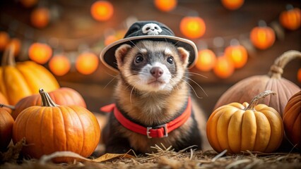 Ferret dressed as a pirate, with tiny hat and eyepatch, exploring a spooky Halloween setting, [animals in Halloween costumes], [pet in costume]