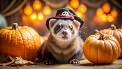 Ferret dressed as a pirate, with tiny hat and eyepatch, exploring a spooky Halloween setting, [animals in Halloween costumes], [pet in costume]