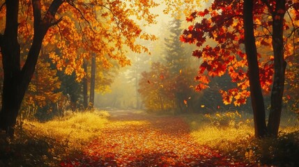 Sunlit autumn forest with orange and yellow leaves on trees and ground, morning mist, Ai Generation