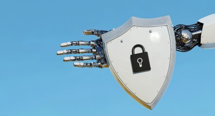 An AI robot hand holds a shield over a blue background abstractly depicting cyber attacks, cyber data, and information security.