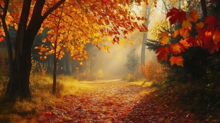 Obraz premium Sunlit autumn forest with orange and yellow leaves on trees and ground, morning mist, Ai Generation
