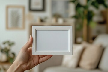A detailed close-up of a blank photo frame held in a modern interior setting.