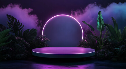 Surreal podium environment featuring a neon-lit round background and lush tropical plants, suitable for high-end product presentations, digital art, or themed event decor