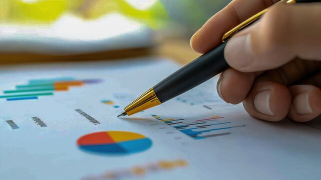 Hands poised over data chart, focused on planning and analysis.