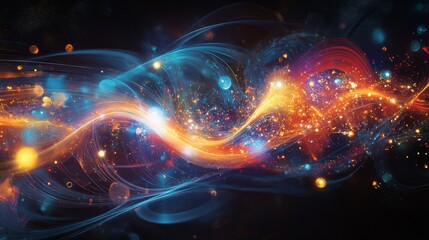 An abstract representation of quantum mechanics, with particles, waves, and probabilities.