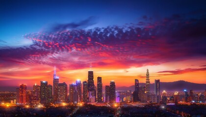The city skyline glittered with lights as the sun dipped below the horizon, casting a colorful canvas against the evening sky.