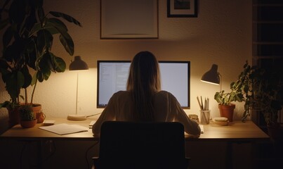 Female professional working on computer in modern office. Stock (AI) simulation