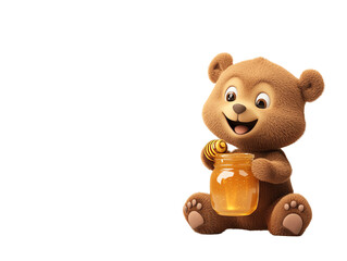 Obraz premium A cute cartoon bear happily enjoying honey from a jar, perfect for children's themes and fun illustrations.