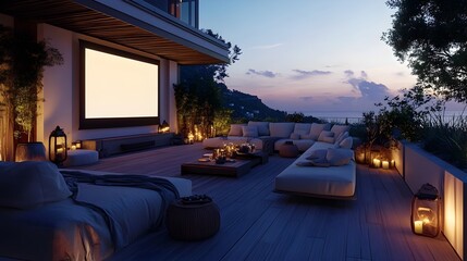 Obraz premium Luxurious Terrace with Outdoor Cinema and Premium Lounge Seating for Cozy Entertaining and Relaxation