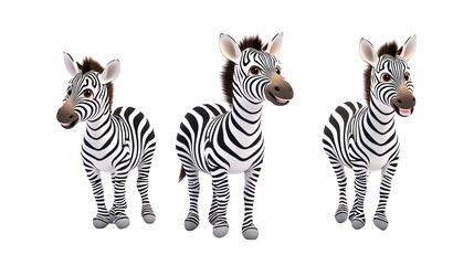 Three playful cartoon zebras with charming expressions, perfect for children's illustrations and educational materials.