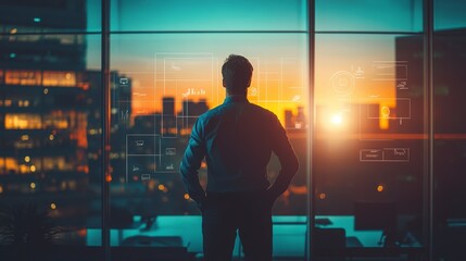 Businessman looking at city sunset through office window with digital interface graphics