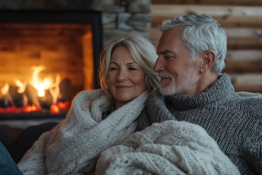 A closeup of an older couple cuddled up in thick knit sweaters, enjoying a warm moment by the fire in a log cabin, wrapped in a blanket and smiling contently. - Powered by Adobe