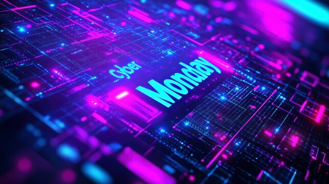 Cyber monday glowing on futuristic motherboard background