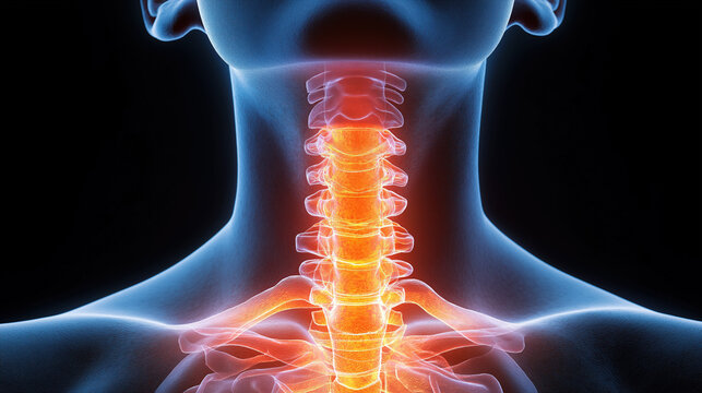 Medical illustration showing the human neck and spine, with highlighted glowing vertebrae. The glowing effect emphasizes the importance of spinal health and anatomy.