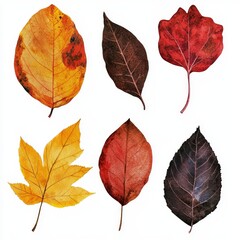 Set of PNG autumn leaves watercolors, transparent background