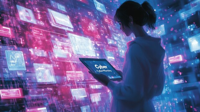 Woman shopping online cyber monday sale digital world concept - Powered by Adobe