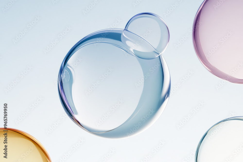 Poster playful floating colorful transparent bubbles in a clear space, creating a whimsical and uplifting v