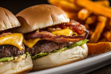 There are three sliders filled with cheese and bacon, as well as pulled pork and crab cakes served on buns, plus fries.