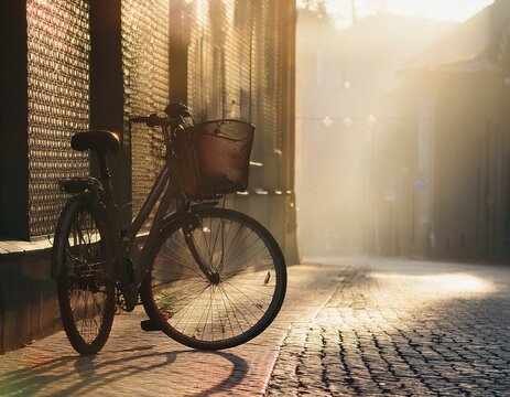 Old bicycle sitting by the side of a building.