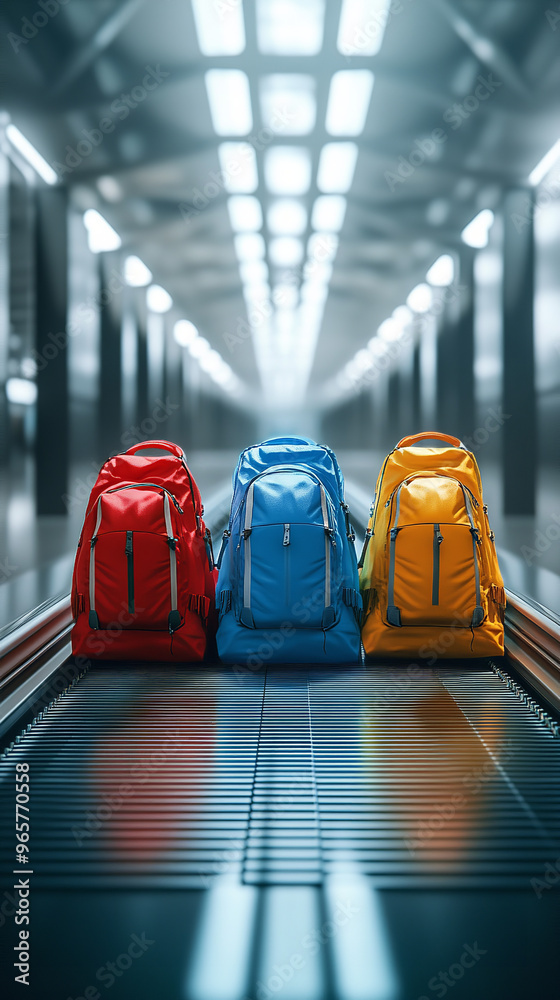 Sticker Sleek Airport Conveyor Belt Displaying Colorful Backpacks and Travel Bags