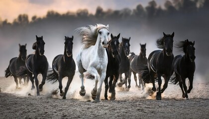 striking scene of a white horse standing prominently in the foreground, surrounded by a group of black horses. The background is shrouded in mist, creating a dramatic atmosphere.